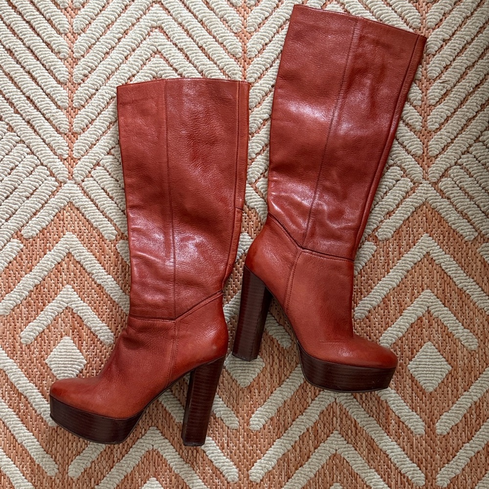 NINE WEST LEATHER KNESS-HIGH PLATFORM BOOTS